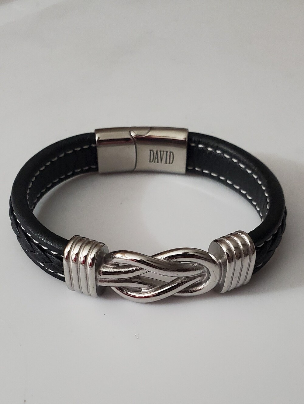 DAVID Black Leather Men’s Bracelet Celtic Knot Stainless Personalized NEW! OS